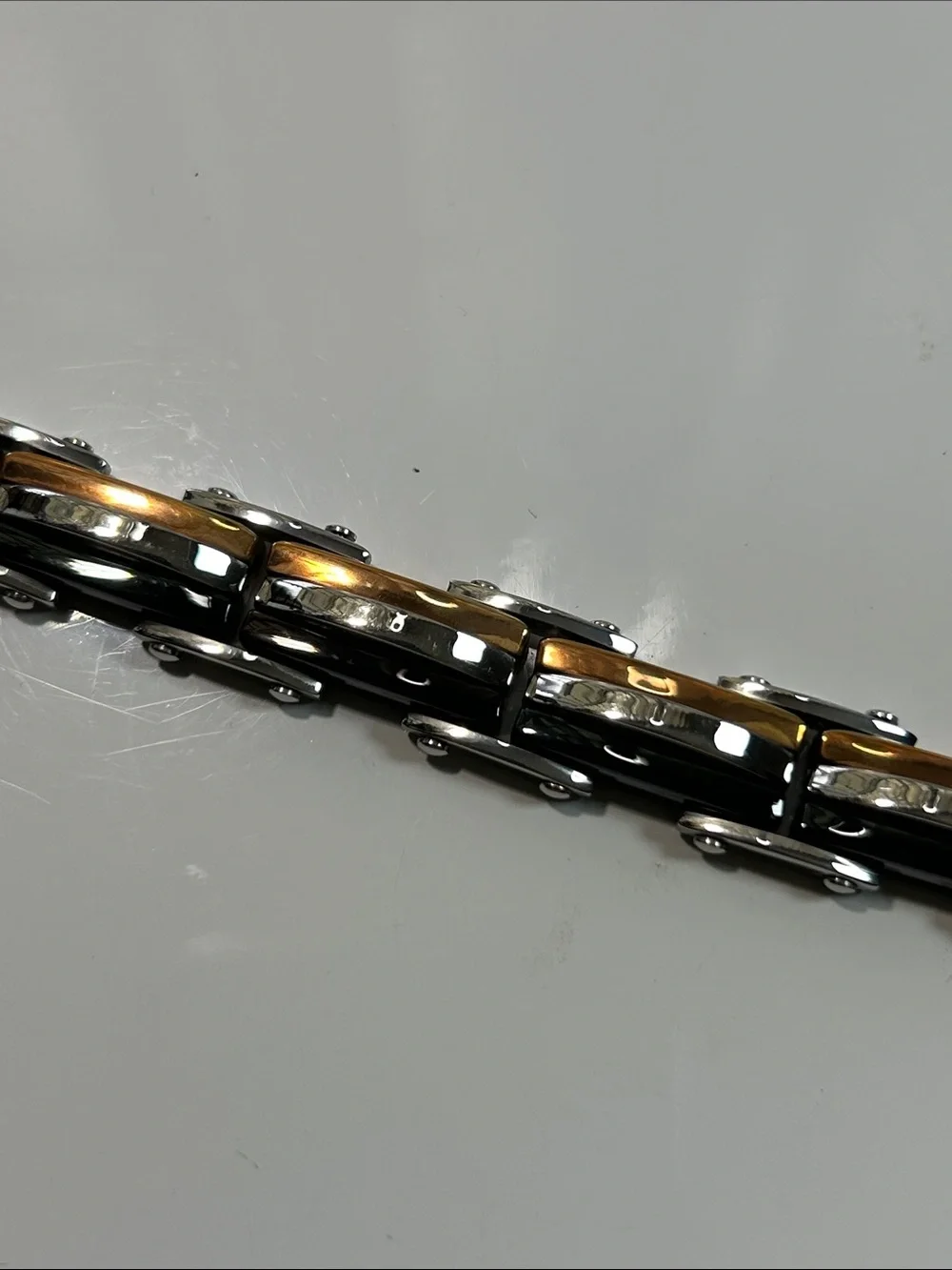 NWT Tri Color Stainless Steel Link Bracelet With Fold Over Clasp
